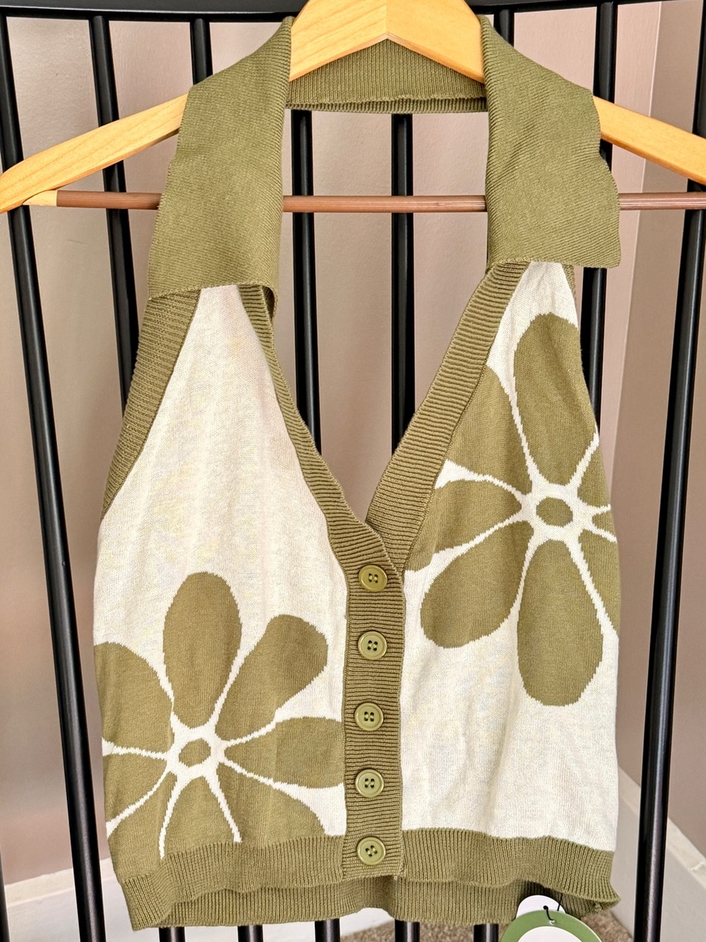 Olive Floral Knit Halter Vest